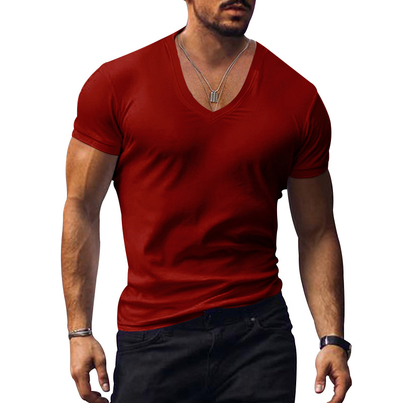 Amazon Cross border Men's T-shirt European and American Summer Men's V-neck Solid Color Slimming Thin Casual T-shirt Short Sleeve Top