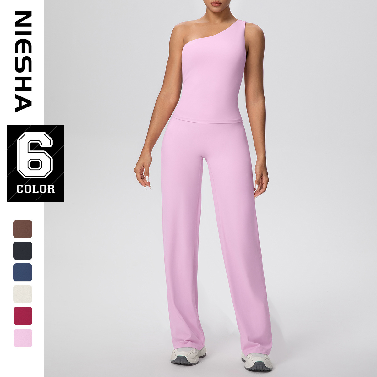 European and American cloud style slanted shoulder waist yoga vest, yoga pants, running loose straight leg pants, fitness yoga suit set