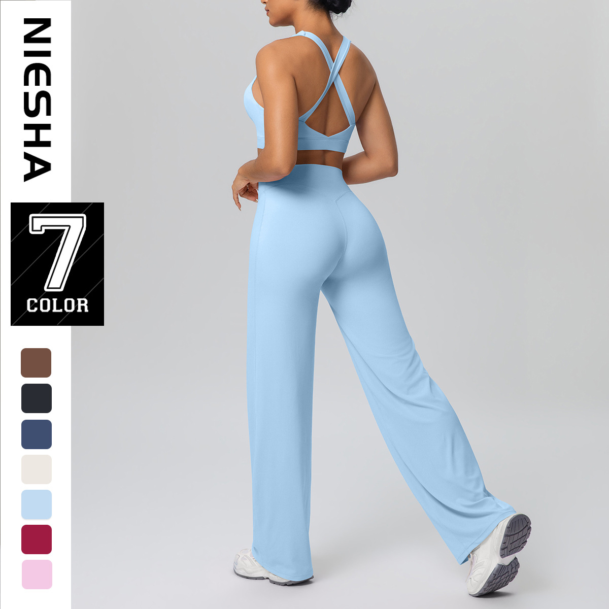 European and American solid color vest shock-absorbing gathering cross shoulder strap bra naked straight leg pants yoga pants fitness suit