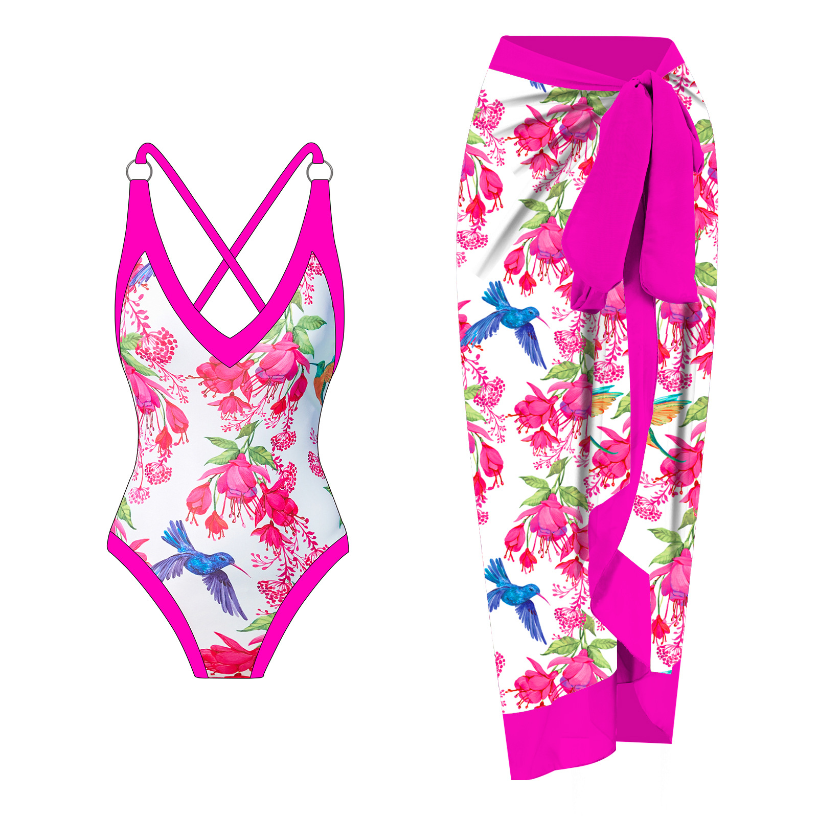 Qiaojia Yuan's spot European and American one-piece swimsuit women's fashionable and sexy slim fit two-piece set printed chiffon skirt swimsuit set