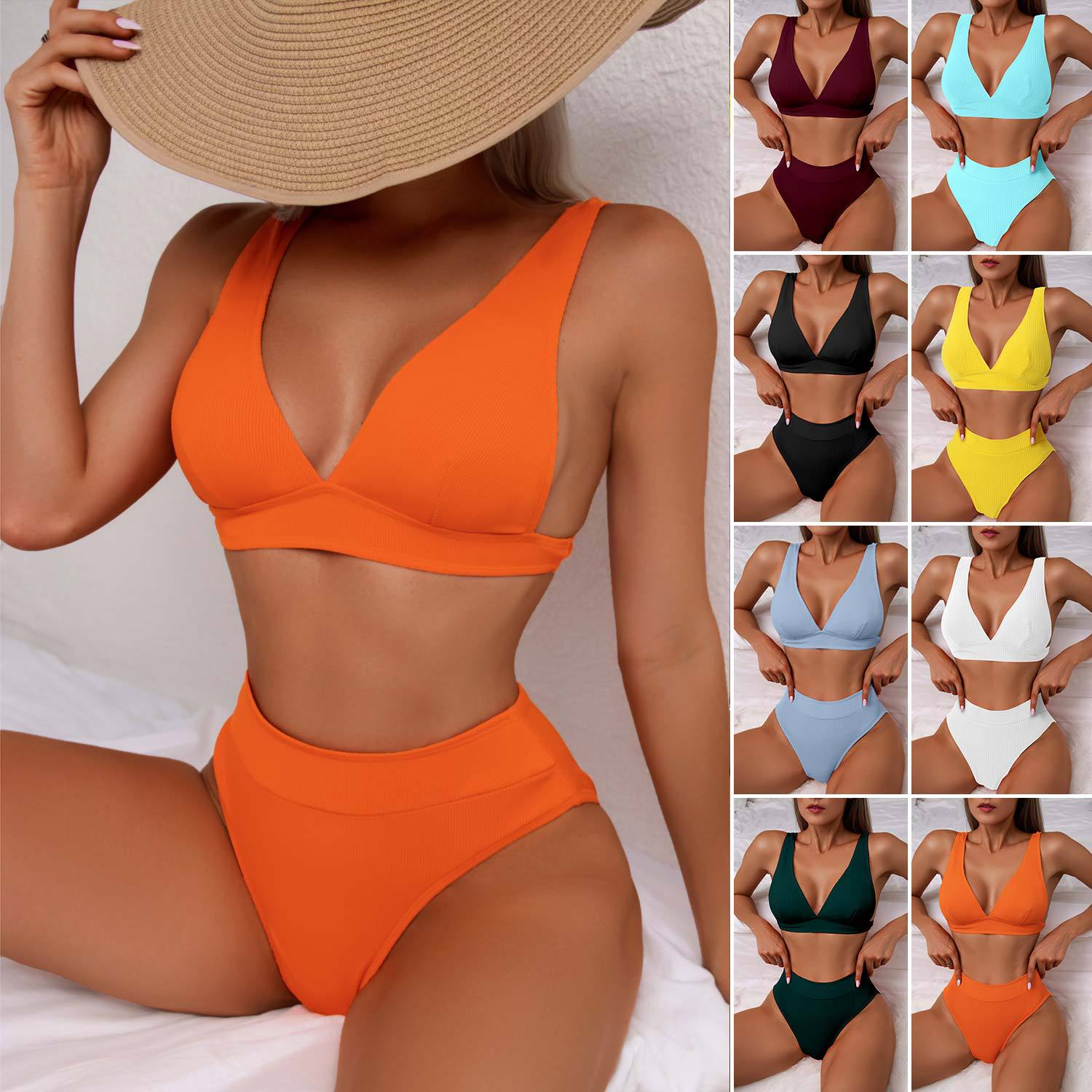Spot European and American new high waisted bikini with small pit stripe swimsuit, women's solid color hot selling sexy split bikini swimsuit