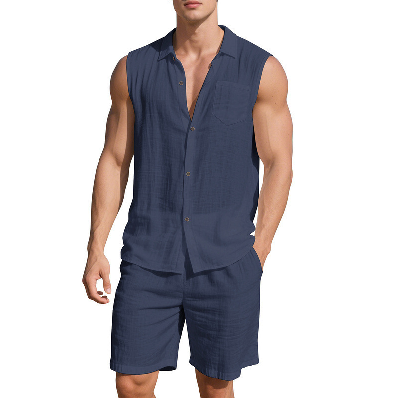 Amazon TUME Cross border European and American Linen Set Men's Casual Collar Sleeveless Shirt Shorts Men's Thin Set