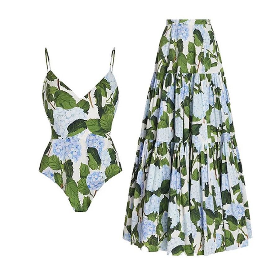 2025 spot new hot selling hot selling European and American fashionable sexy one-piece swimsuit women's chiffon printed skirt swimsuit set
