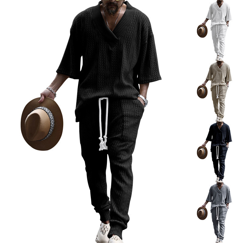 2025 Spring New European and American Casual Loose Seven Sleeve Jacquard Knitted Shirt Top Pants Men's Set