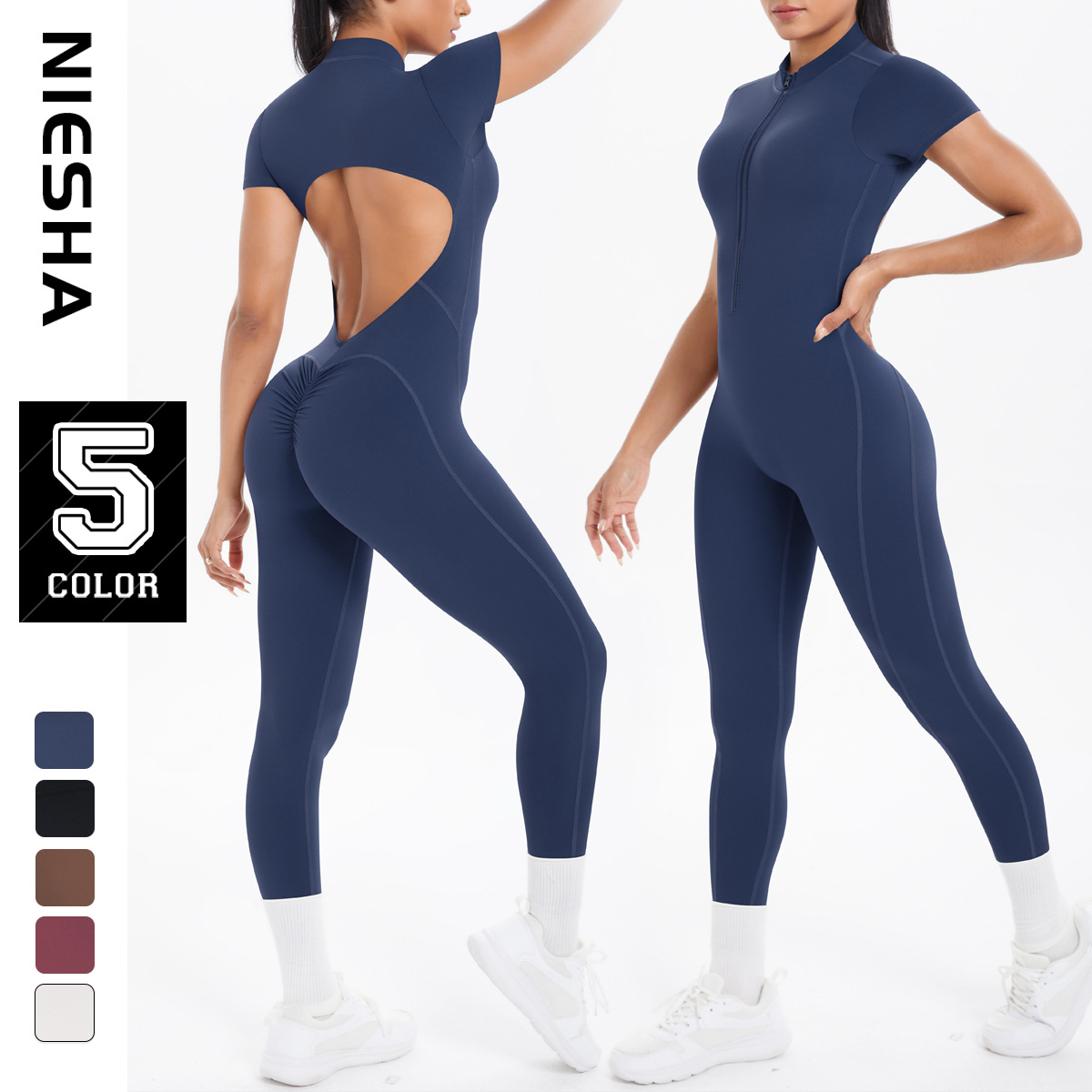 New European and American style open neck zipper with chest cushion short sleeved jumpsuit, beautiful back fitness jumpsuit, tight yoga suit