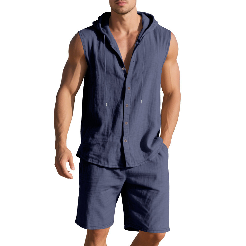 Cross border Amazon linen summer two-piece men's loose casual simple hooded sleeveless shirt shorts set