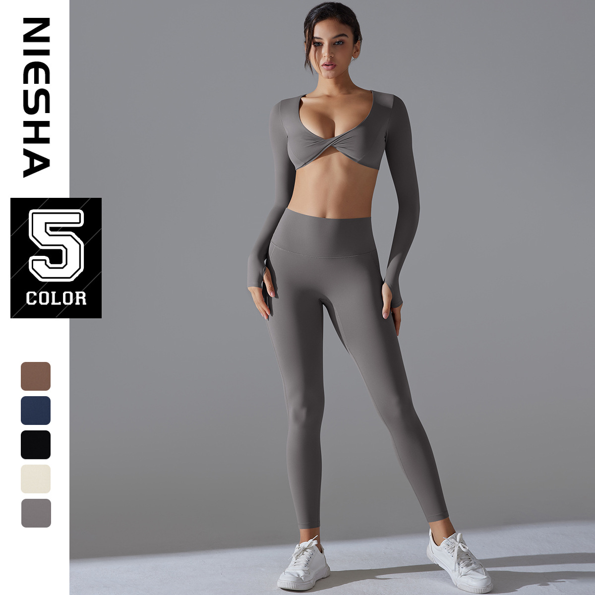 Internet celebrity yoga clothes, trendy sports gathering long sleeved solid color slim fit elastic fitness clothes, running training sports set