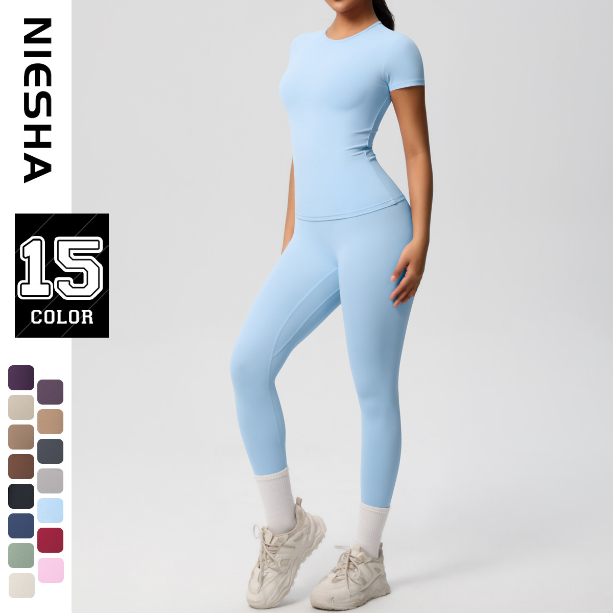 Cross border European and American sports nude skin friendly solid color sports T-shirt elastic short sleeved yoga pants high waist fitness suit for women