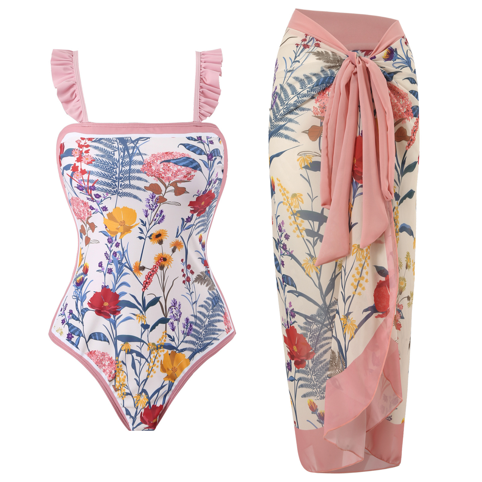 Qiao Jiayuan in stock one-piece sexy two-piece swimsuit set, women's chiffon printed skirt hot selling swimsuit set one-piece style
