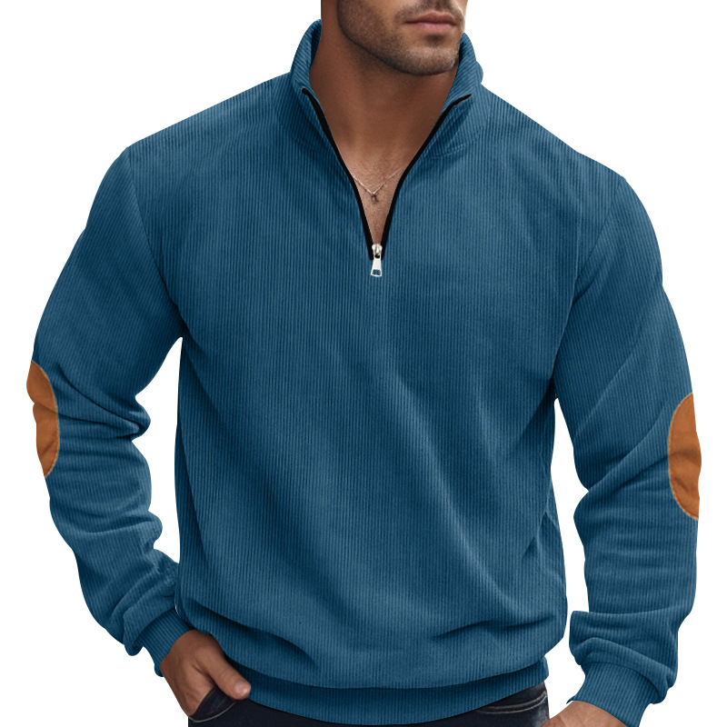 Cross border Amazon autumn half zip men's long sleeved sweatshirt, heavyweight corduroy stand up collar loose pullover jacket for men