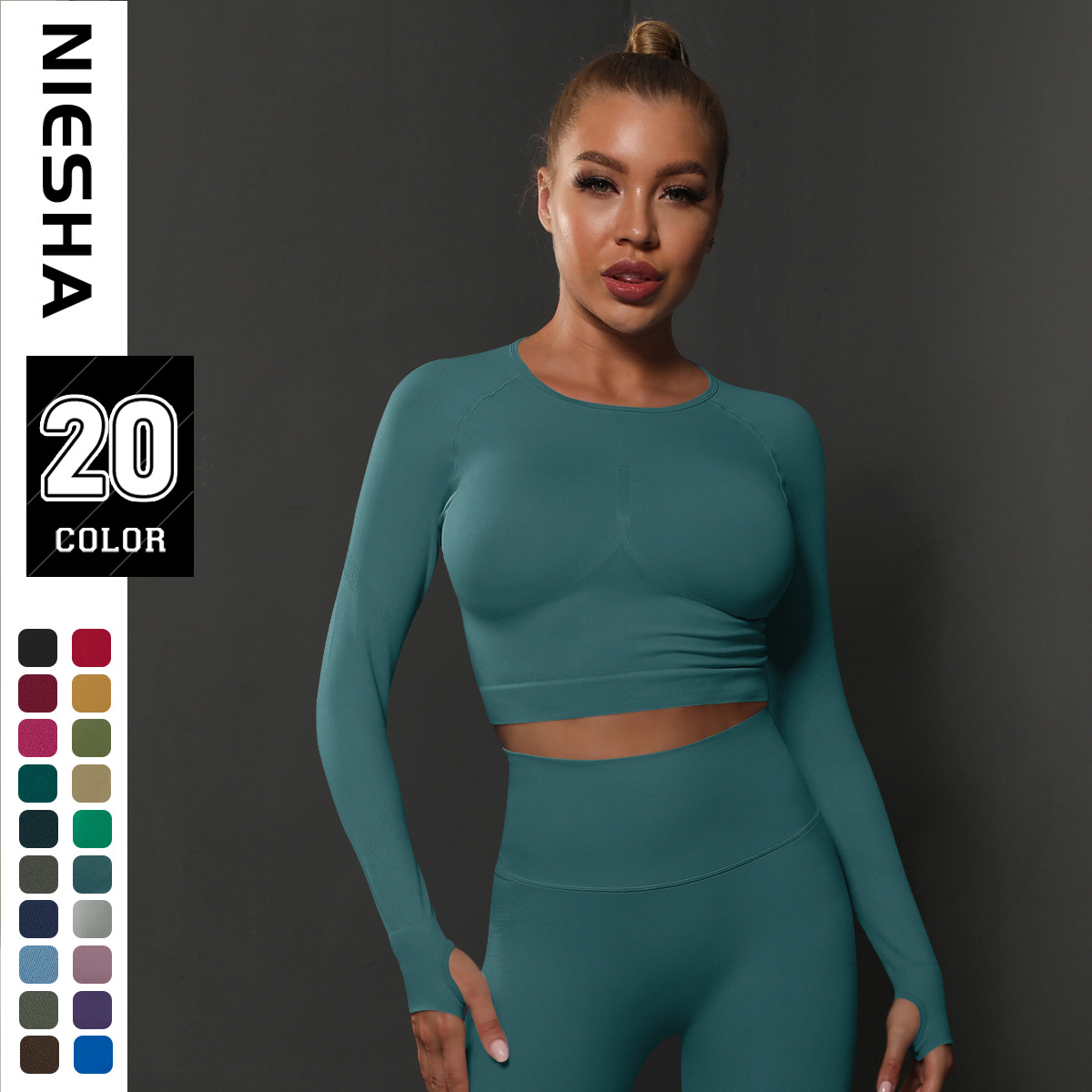 European and American seamless knitted solid color peach tight T-shirt top, fitness and yoga clothes, moisture absorbing and shaping long sleeved women