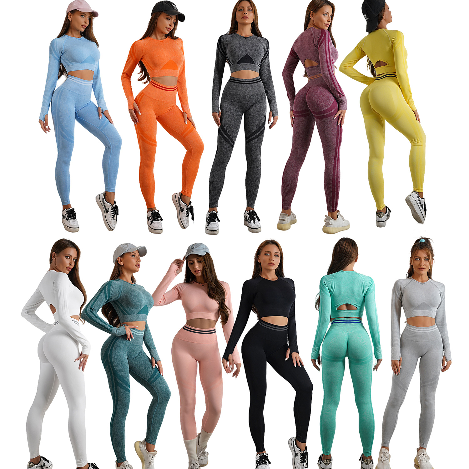 European and American five piece set of curvy buttocks, beautiful buttocks pants, fitness suit, beautiful back yoga top, short sleeved knitted fitness yoga suit for women