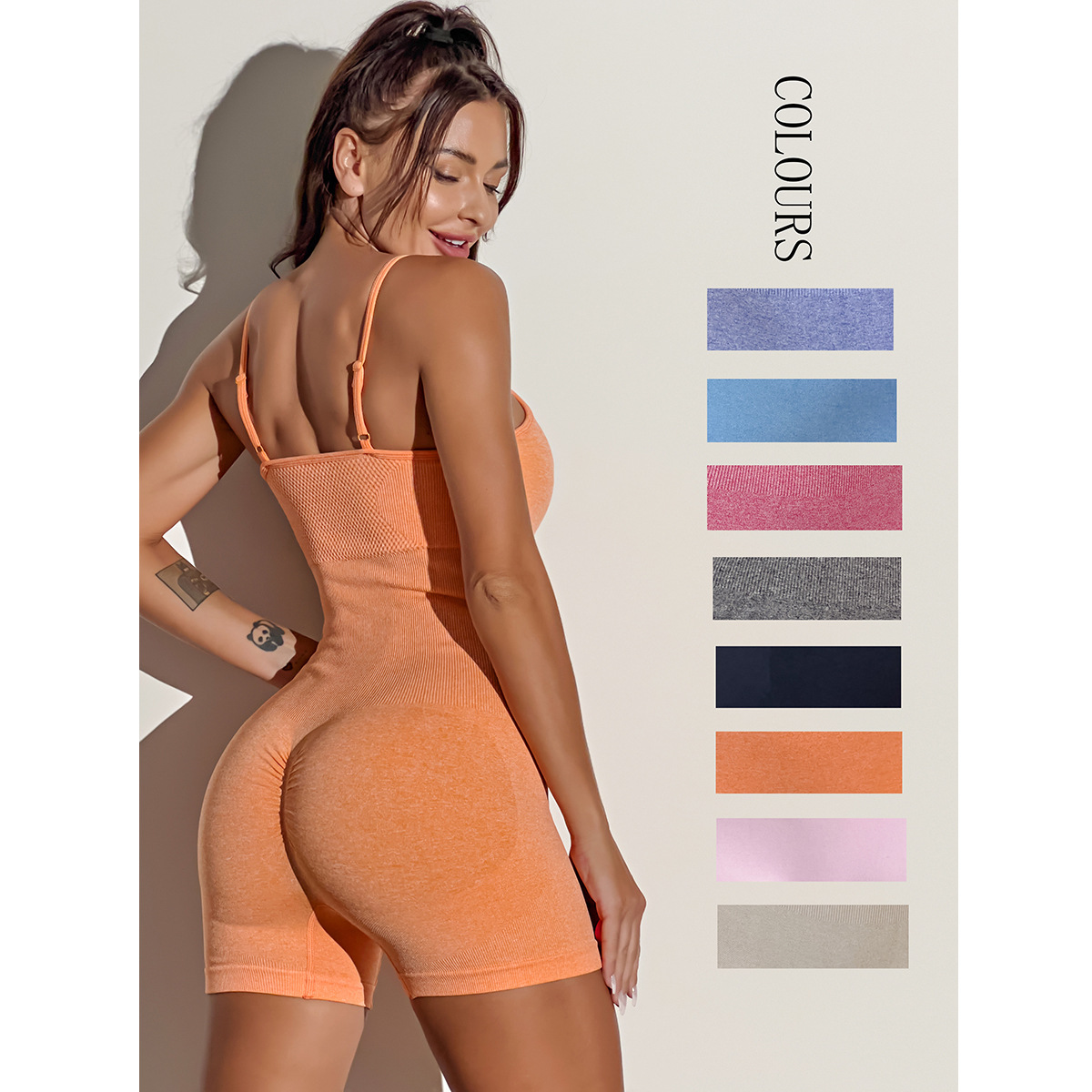 Cross border camisole yoga jumpsuit seamless one-piece hip hugging sports fitness European and American jumpsuit shorts
