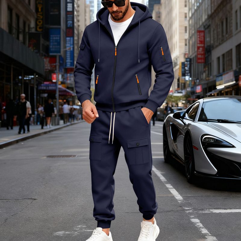 Cross border American autumn heavyweight men's plush loose casual workwear outdoor sports commuting hooded sweatshirt set