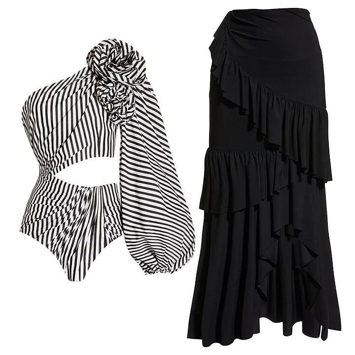 2025 new sexy one-piece swimsuit women's European and American pleated ruffle edge striped swimsuit bikini mesh long skirt