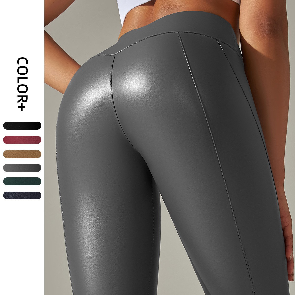 New European and American cross-border PU leather pants in stock, high elasticity, sexy solid color, bright black tight pants, running, fitness, yoga pants
