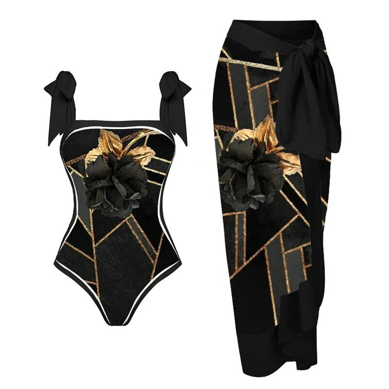 Spot new double-sided AB version European and American one-piece swimsuit women's conservative vacation swimsuit chiffon printed wrapped skirt set