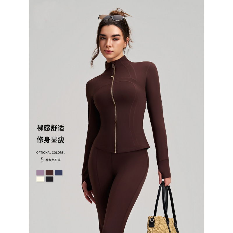 New sports jacket for women, slim fit yoga top with long sleeves and finger cots, stand up collar, high-end yoga outfit