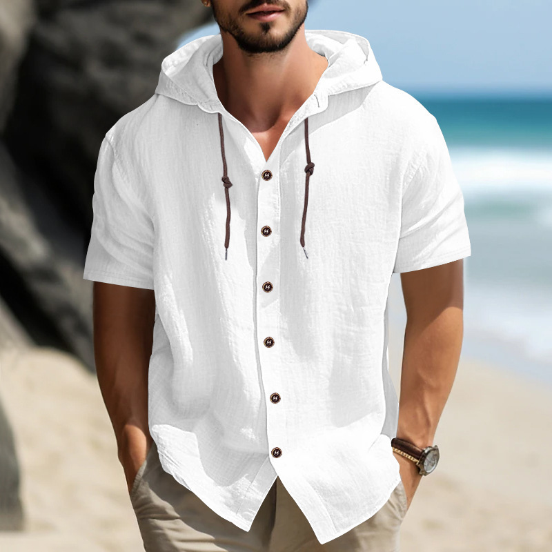 Cross border men's sports and leisure comfortable short sleeved shirt hooded fashionable sweatshirt cardigan trendy versatile loose T-shirt