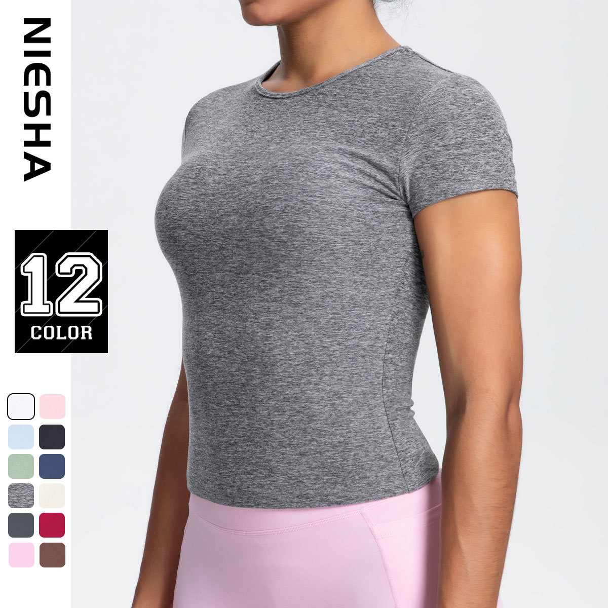 European and American casual solid color sports short sleeved waist slimming breathable yoga T-shirt running training nude fitness top