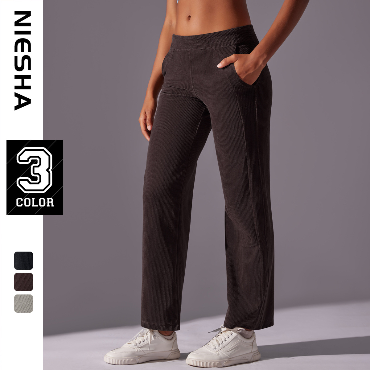Internet celebrity loose casual corduroy sports pants with side pockets, fashionable stripes, hanging feeling, breathable running and fitness pants for women