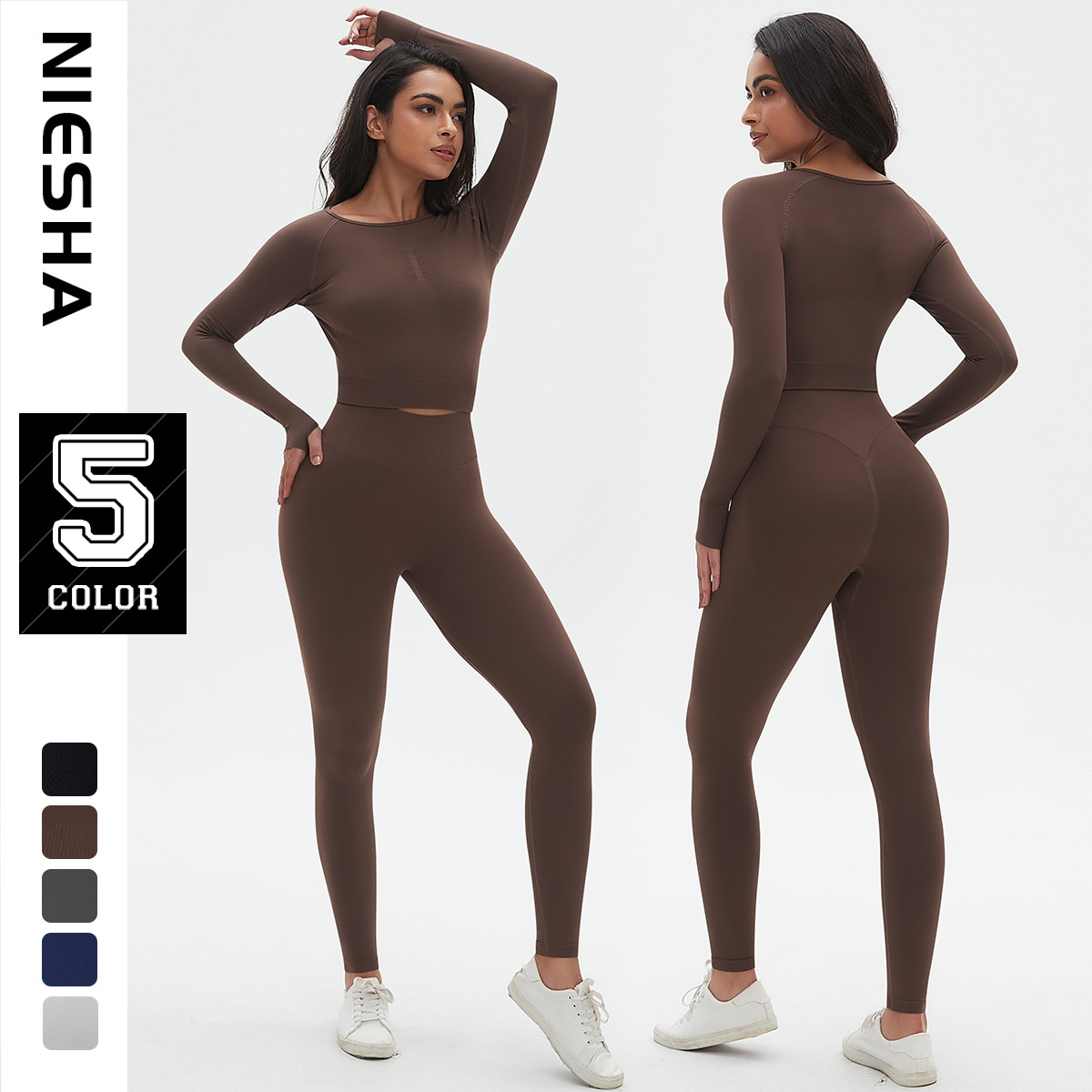 Spot European and American new seamless pleated peach tight hip yoga set, sports running fitness yoga suit for women