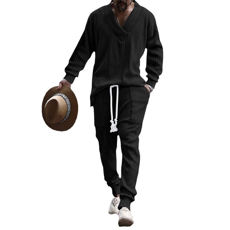 2025 Amazon Cross border New European and American Men's Casual Pants V-neck Versatile Jacquard Knitted Shirt Men's Autumn Set