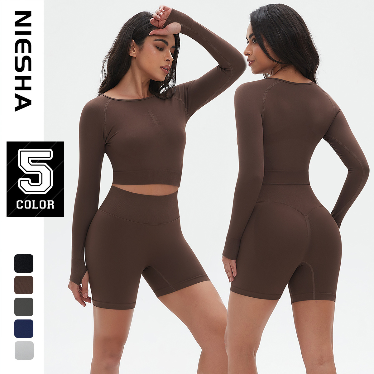 Cross border European and American seamless peach solid color tight long sleeved set, breathable yoga suit, running sports fitness shorts for women