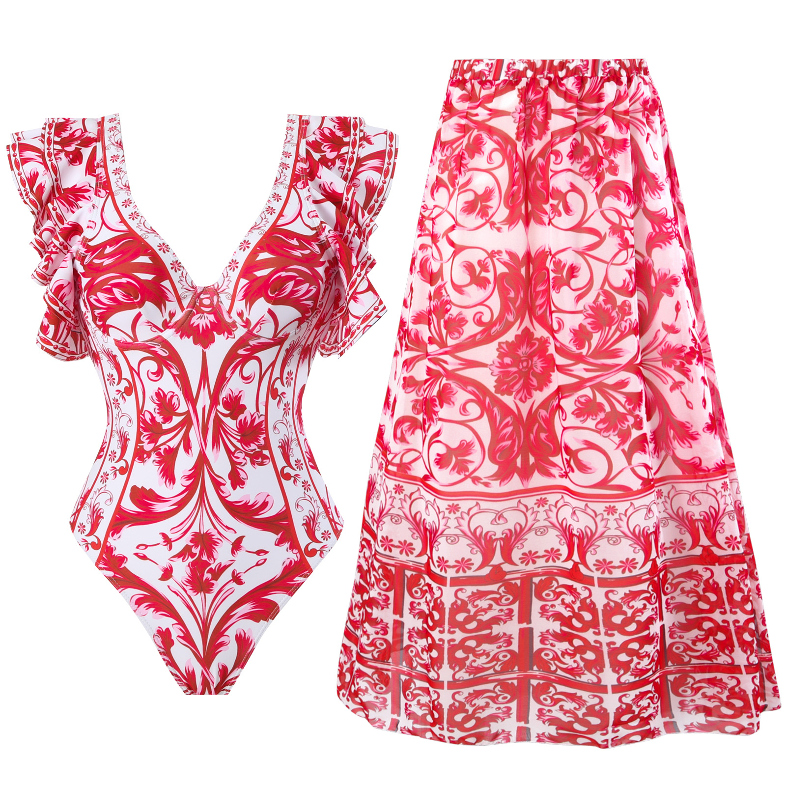 2025 new hot selling European and American fashionable sexy one-piece swimsuit women's printed two-piece set chiffon skirt swimsuit set