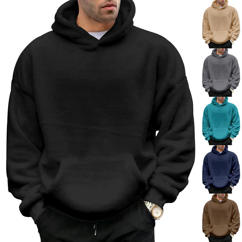 Cross border foreign trade 2025 winter new double-sided fleece youth hooded sweatshirt men's lambhair winter pullover jacket