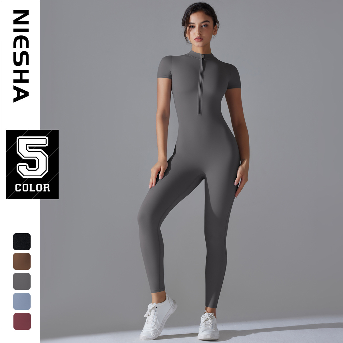 European and American new open neck zipper short sleeved jumpsuit, dance fitness jumpsuit, sexy tight yoga suit for women