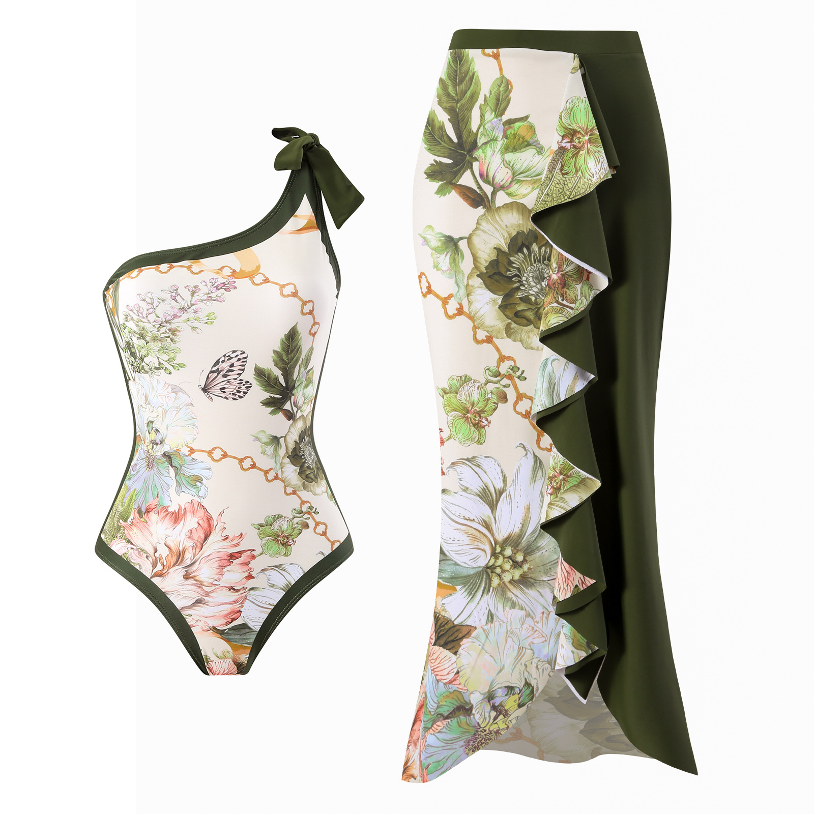 In stock 2025 new sexy one-piece swimsuit women's European and American retro single shoulder swimsuit chiffon beach skirt swimsuit set