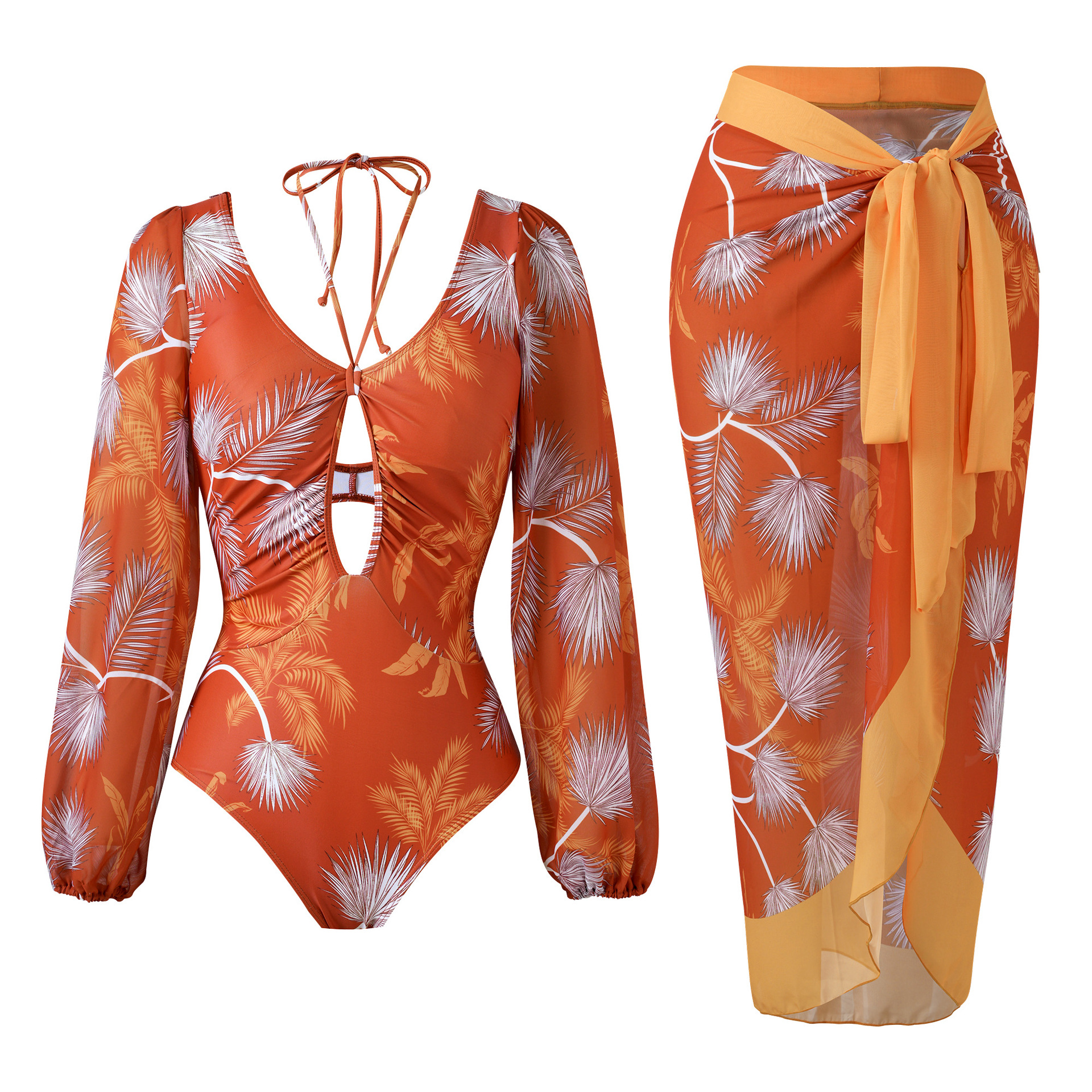 European and American tropical plant printed long sleeved one-piece swimsuit sunscreen slimming swimsuit for women