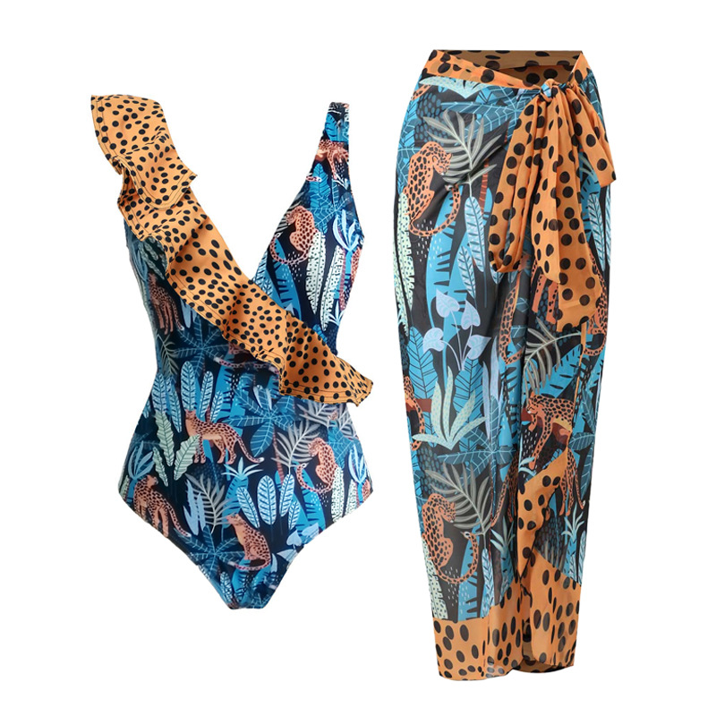 Spot 2025 one-piece two-piece swimsuit set for women with leopard print and ruffled chiffon skirt swimsuit set, high elasticity swimsuit