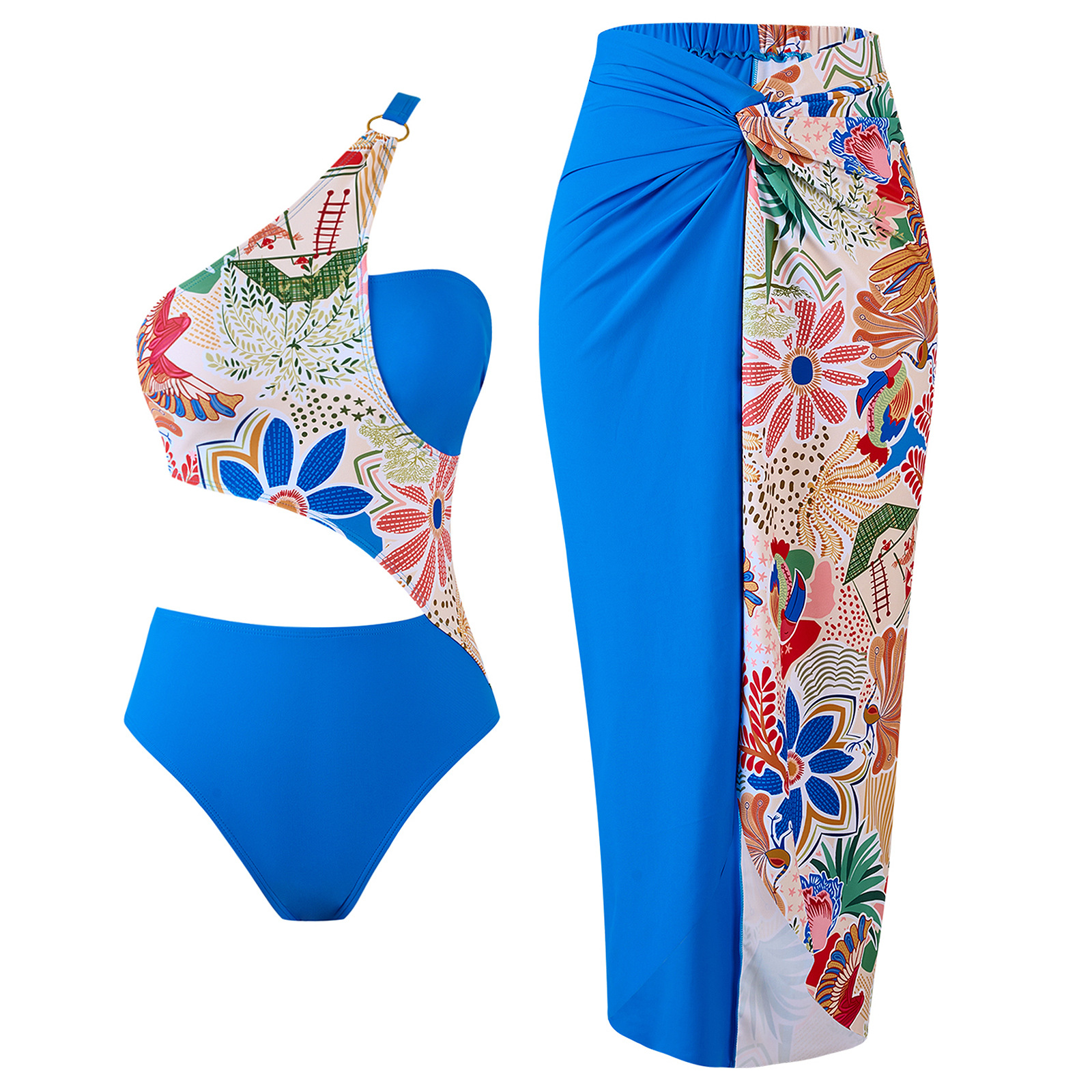 2025 spot European and American sexy one-piece swimsuit color blocked print two-piece set polyester skirt hot selling hot selling swimsuit set