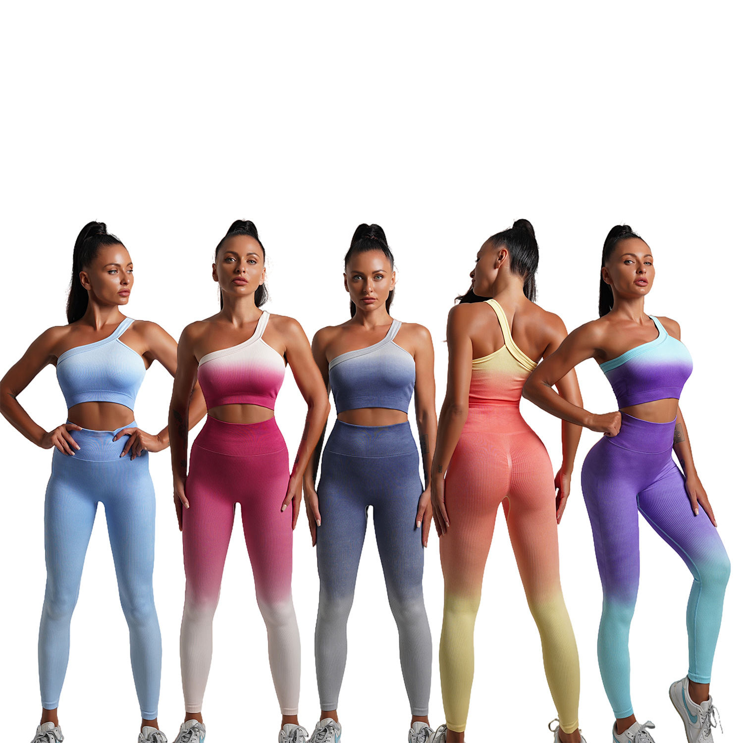 【 Strict Selection 】 Cross border seamless tight yoga suit set for autumn and winter gradient long sleeved remote fitness stretch two-piece set