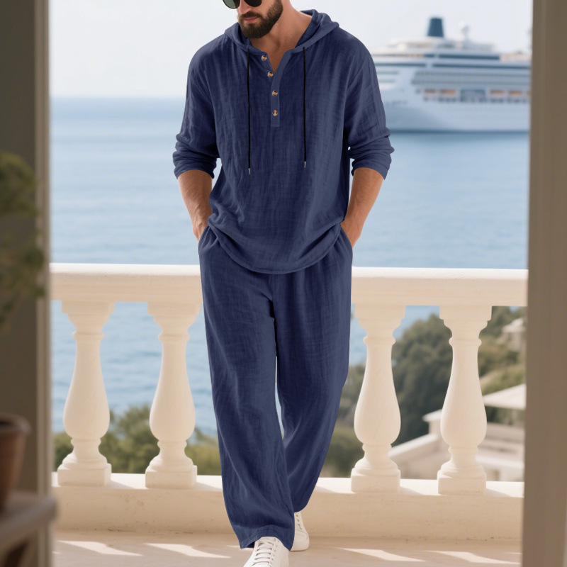 Cross border European and American autumn linen men's casual suit Amazon loose hooded Henley shirt long sleeved pants set