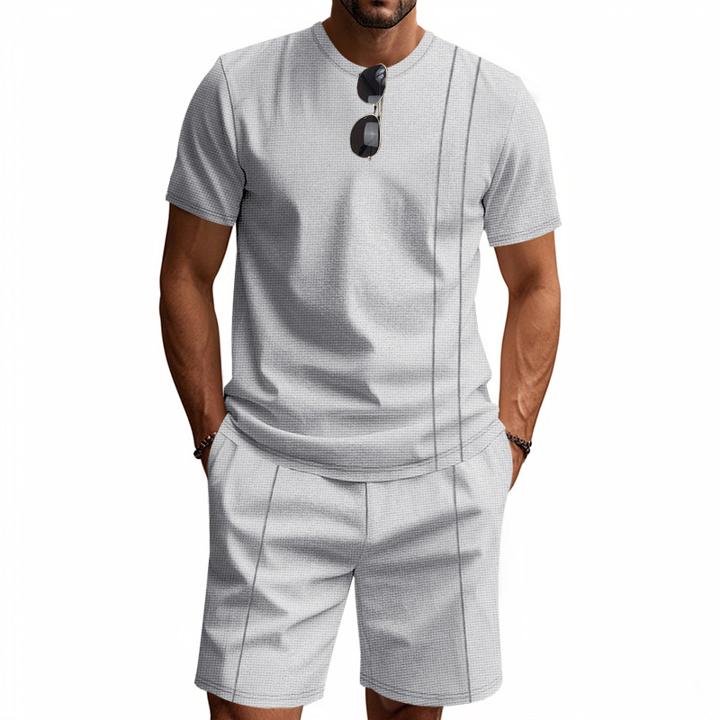 Cross border Amazon American style Waffle round neck men's summer suit loose ins style simple short sleeved shorts set for men