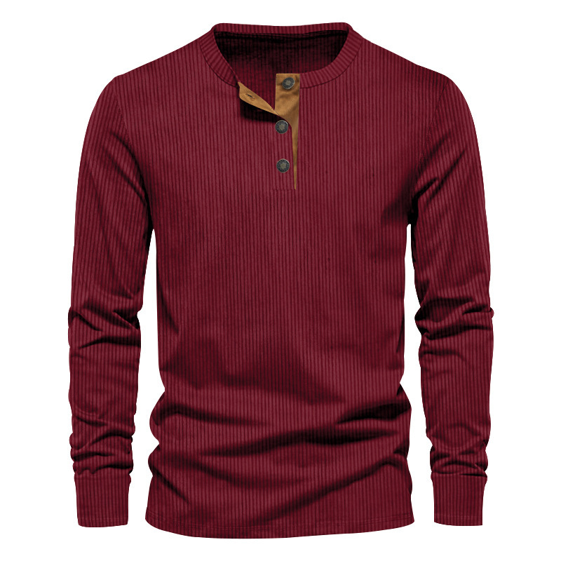 2024 Independent Station Spring and Autumn New Men's Independent Station Corduroy Casual Henry Slim Solid Color Long Sleeve T-shirt