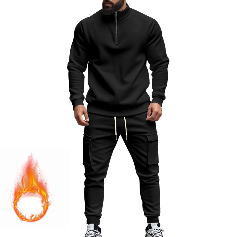 Cross border Amazon Autumn/Winter New Men's Casual Set with Half Zipper Head, Slim Fit and Velvet Hoodie and Pants Set