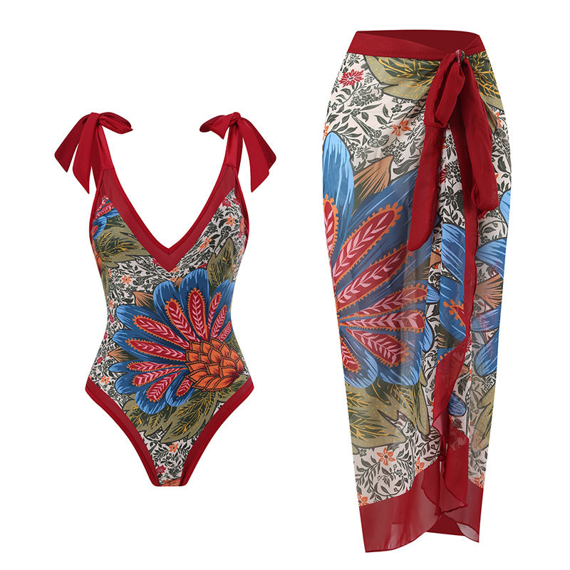 European and American vacation new one-piece swimsuit women's tight fitting slimming retro foreign trade strap swimsuit set chiffon long skirt