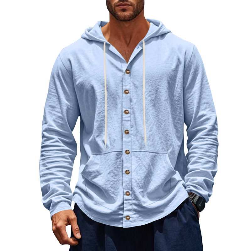 Cross border Amazon Spring and Autumn American loose men's shirt loose linen casual simple beach hooded long sleeved lining