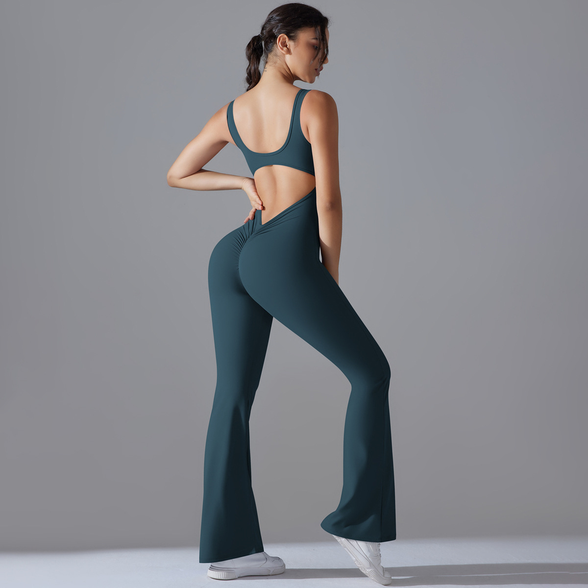 European and American hollow back jumpsuit, peach hip lifting sports fitness suit, bell bottom pants jumpsuit, yoga suit jumpsuit, women's jumpsuit