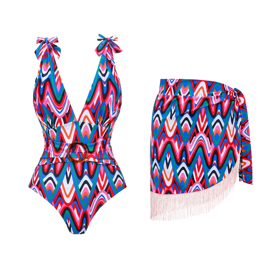 2025 new European and American one-piece deep V-strap printed women's swimsuit cross-border hot selling hot selling tassel short skirt swimsuit