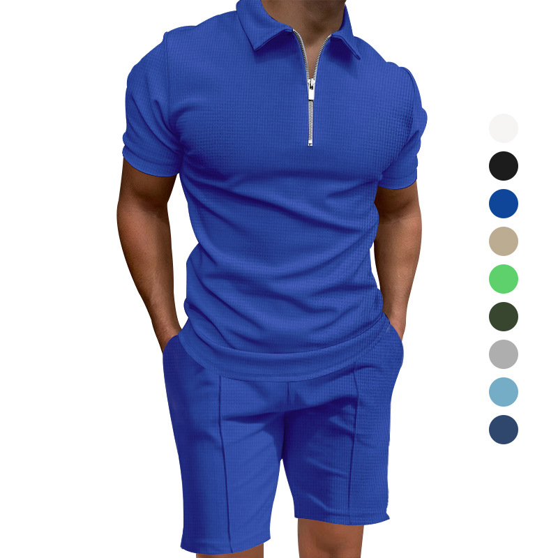 Cross border 2025 summer men's polo shirt set solid color waffle short sleeved slim fit collar T-shirt casual men's style
