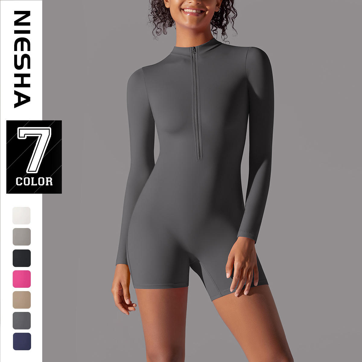 New European and American style open neck zipper long sleeved jumpsuit, dance fitness jumpsuit, sexy tight yoga suit for women