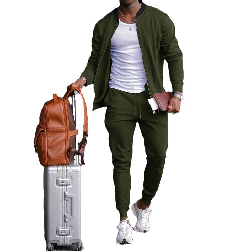 2025 Autumn Cross border New Solid Color Jacket Men's Spring and Autumn Falling Shoulder Trend Flip Up Collar Large Men's Set