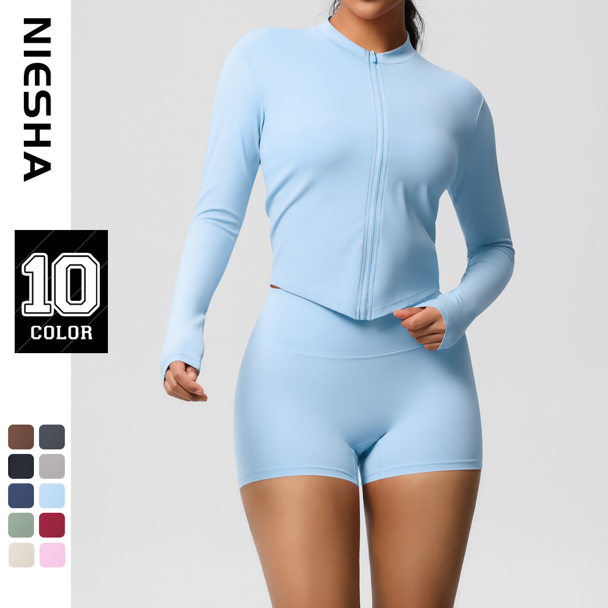 Cross border European and American new brushed nude slimming shorts, yoga zipper long sleeved breathable fitness running training set