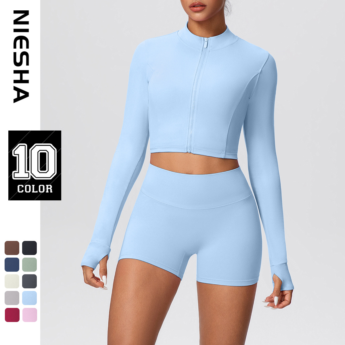 Cross border tight high waisted nude thumb hole zipper long sleeved jacket shorts yoga suit fitness and hip lifting yoga set