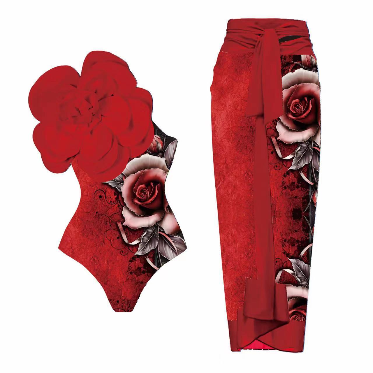 2025 European and American new one-piece swimsuit women's tight fitting slimming big flower niche cross-border swimsuit set chiffon long skirt